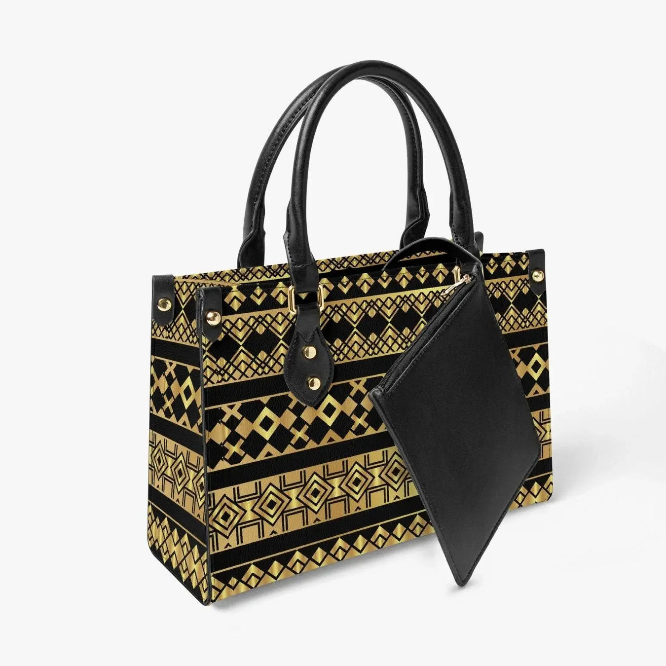 Ivorynn tote bag with black leather handles, geometric gold pattern, and matching inner pouch