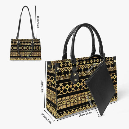 Geometric patterned tote bag with black long straps, inner pouch, and size details, Ivorynn fashion accessory