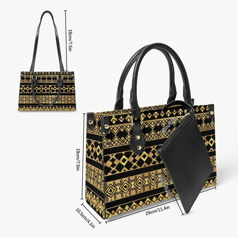 Geometric patterned tote bag with black long straps, inner pouch, and size details, Ivorynn fashion accessory