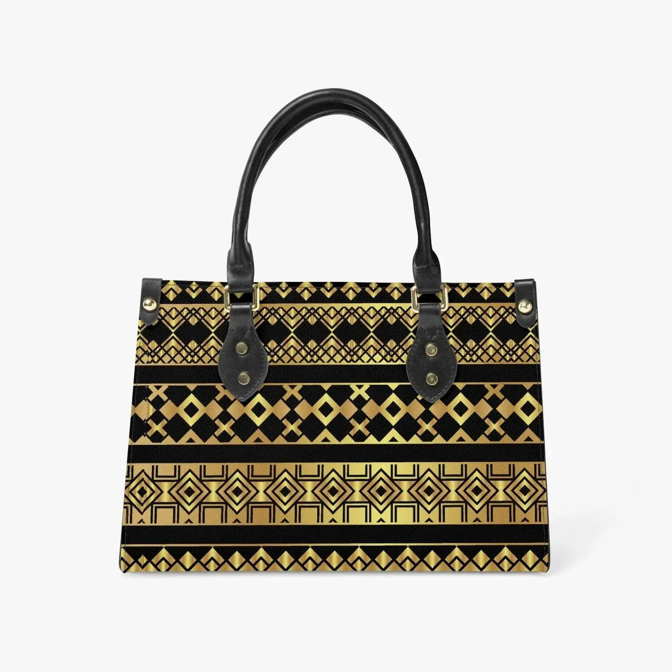 Geometric gold and black tote bag with black handles, modern fashion accessory on white background