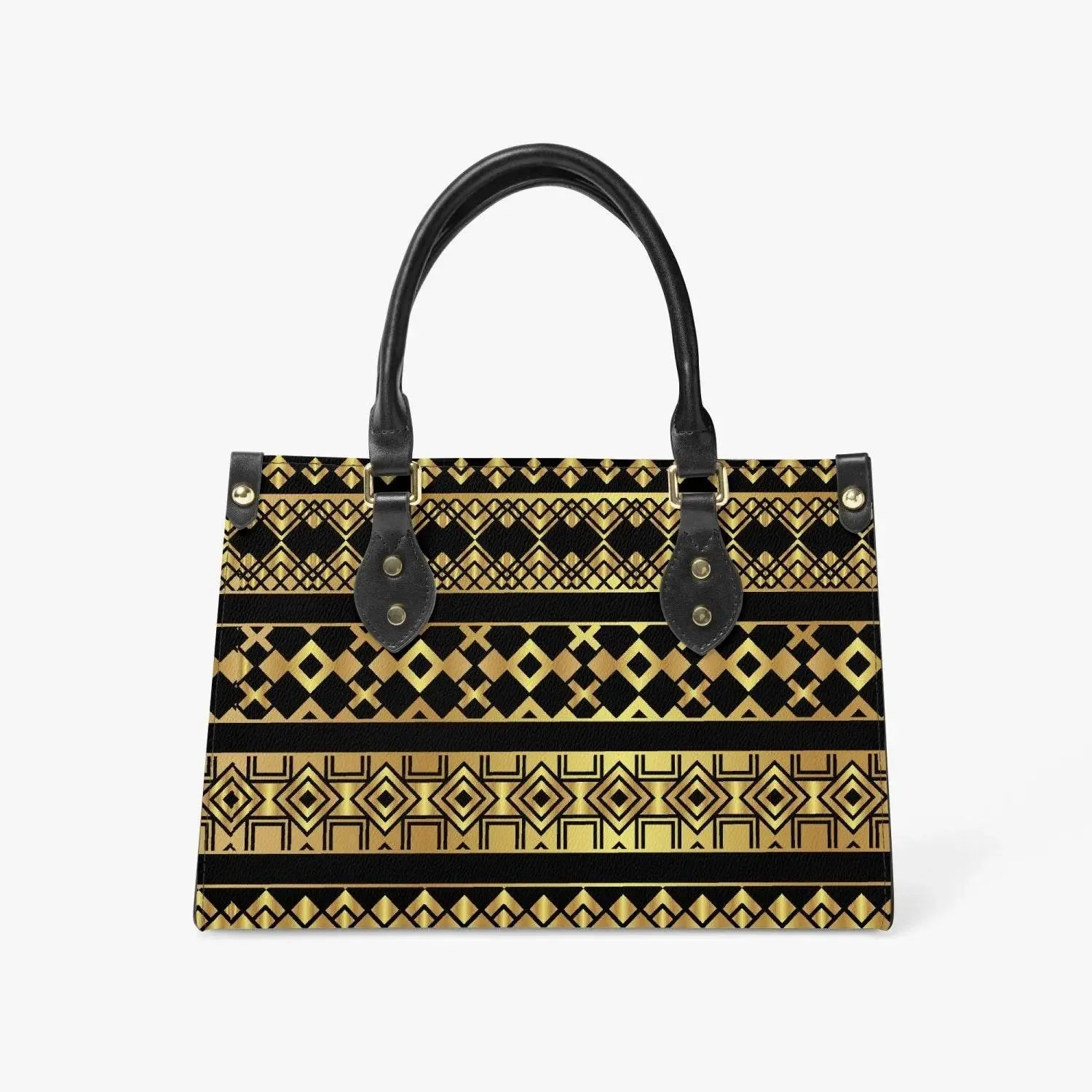 Geometric gold and black tote bag with black handles, modern fashion accessory on white background