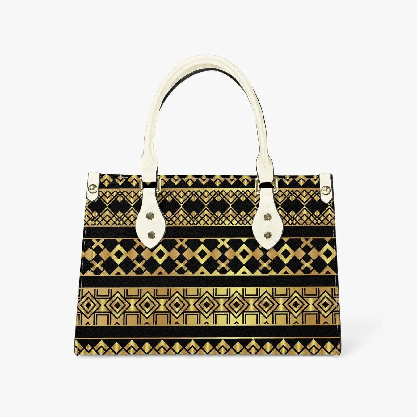 Ivorynn tote bag with black and gold geometric pattern and ivory handles on white background