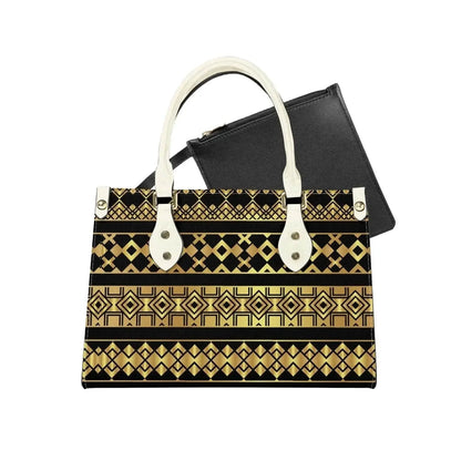 Geometric gold and black tote bag with ivory handles and black inner pouch, Ivorynn fashion