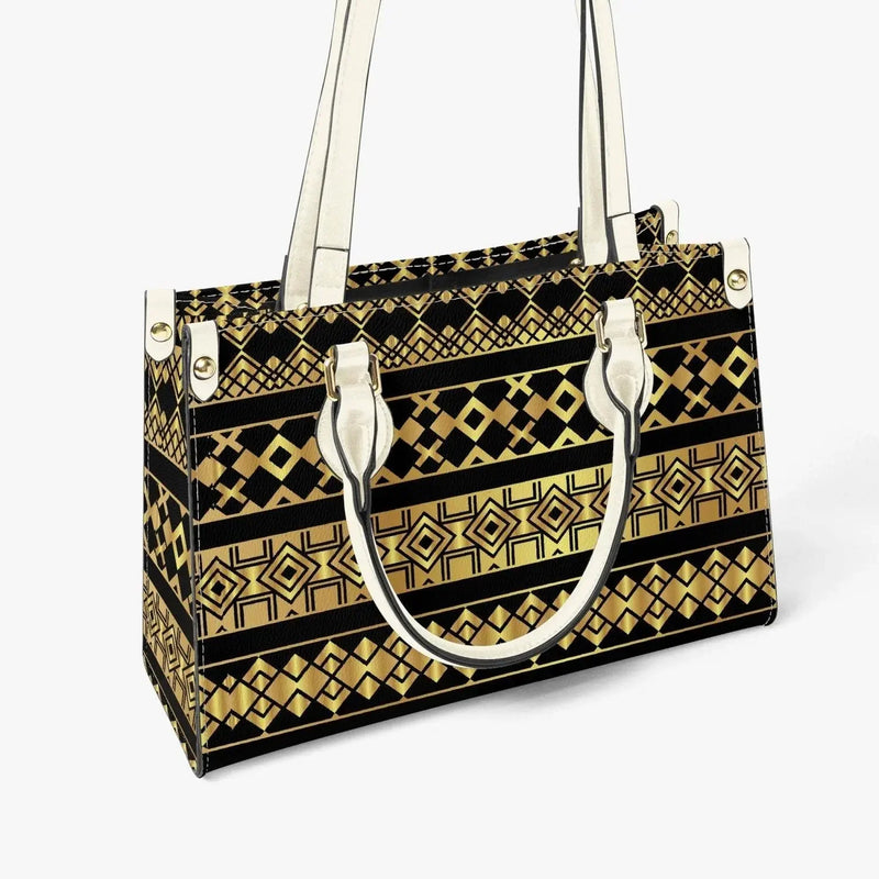 Ivorynn women's tote bag with white straps, black and gold geometric pattern