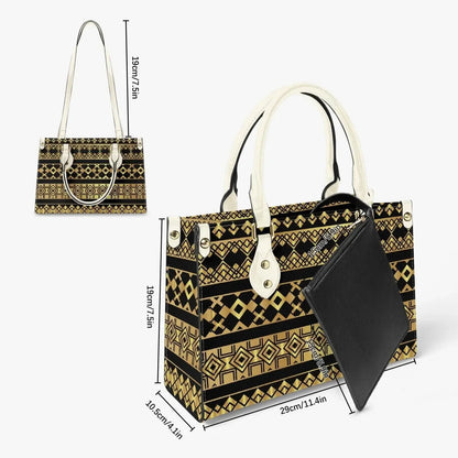 Ivorynn geometric patterned tote bag with white straps, detachable long strap, and black inner pouch.