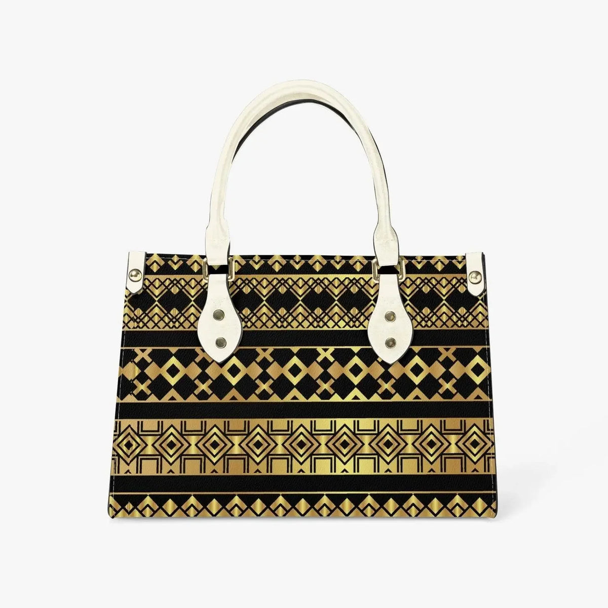 Ivory tote bag with gold geometric patterns and long ivory handles, modern fashion accessory