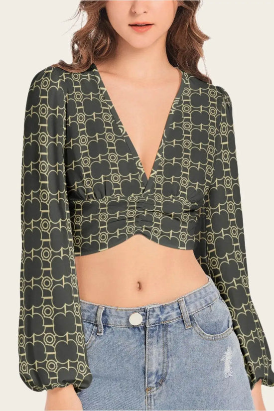 Deep V-Neck Lantern Sleeve Crop Top - IVORYNN