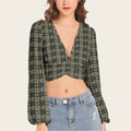 Deep V-Neck Lantern Sleeve Crop Top - IVORYNN