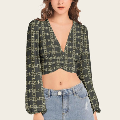 Deep V-Neck Lantern Sleeve Crop Top - IVORYNN