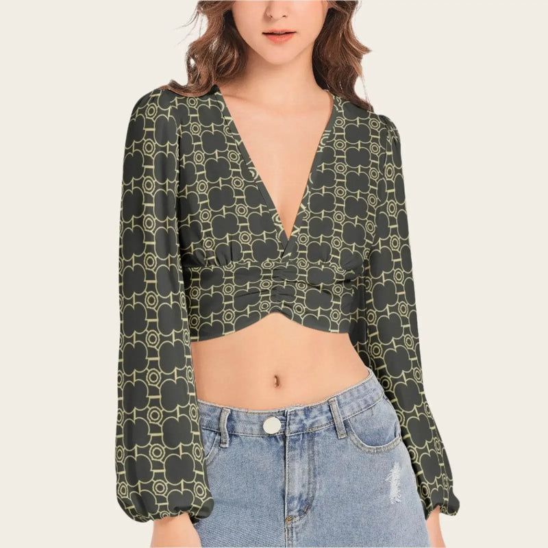 Deep V-Neck Lantern Sleeve Crop Top - IVORYNN