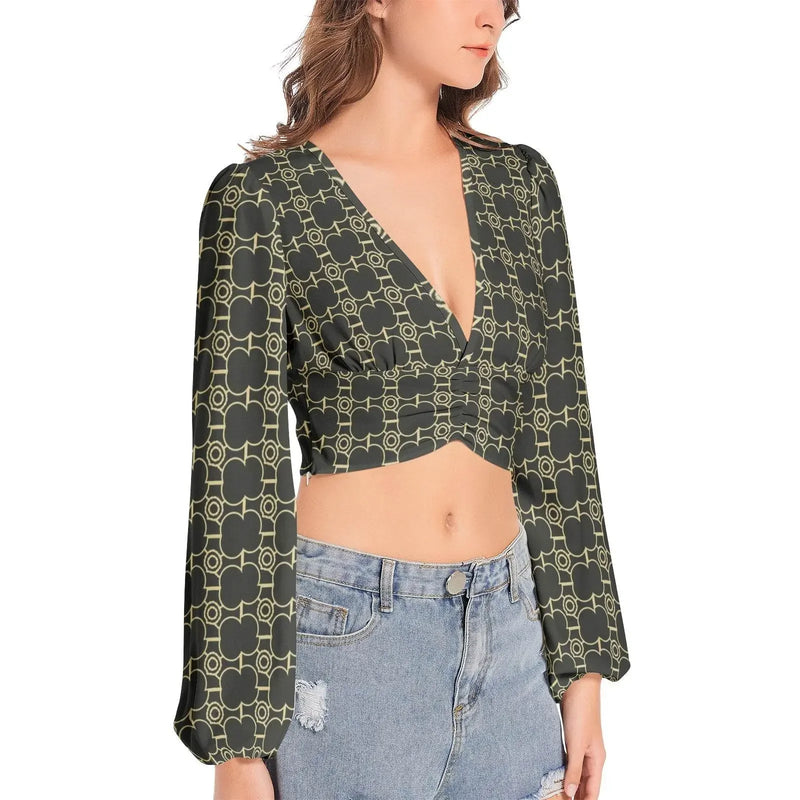 Deep V-Neck Lantern Sleeve Crop Top - IVORYNN