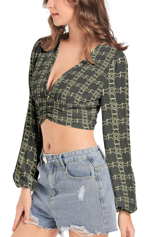 Deep V-Neck Lantern Sleeve Crop Top - IVORYNN