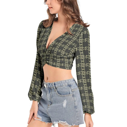 Deep V-Neck Lantern Sleeve Crop Top - IVORYNN