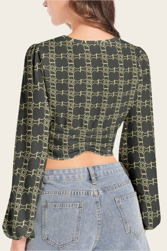 Deep V-Neck Lantern Sleeve Crop Top - IVORYNN