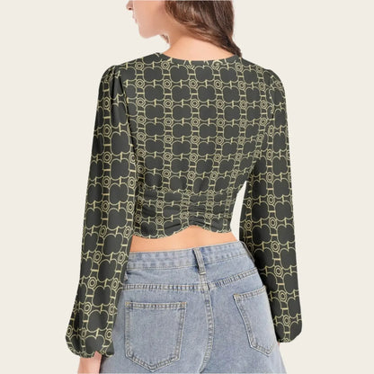 Deep V-Neck Lantern Sleeve Crop Top - IVORYNN