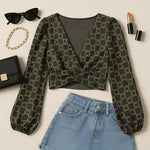 Deep V-Neck Lantern Sleeve Crop Top - IVORYNN