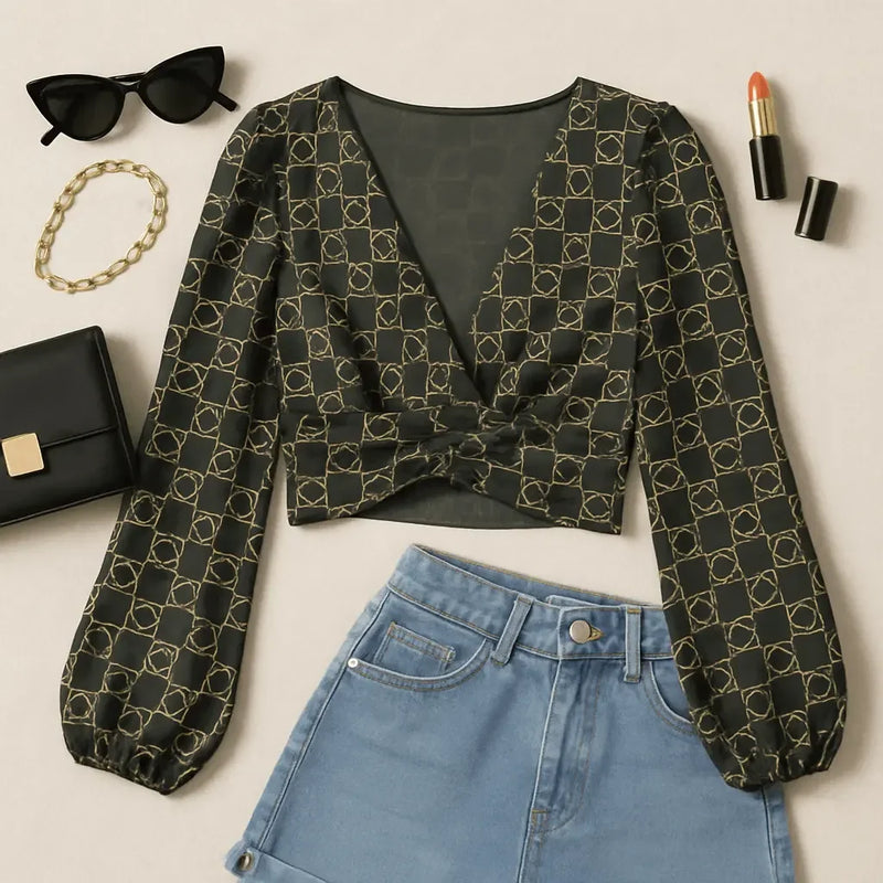 Deep V-Neck Lantern Sleeve Crop Top - IVORYNN