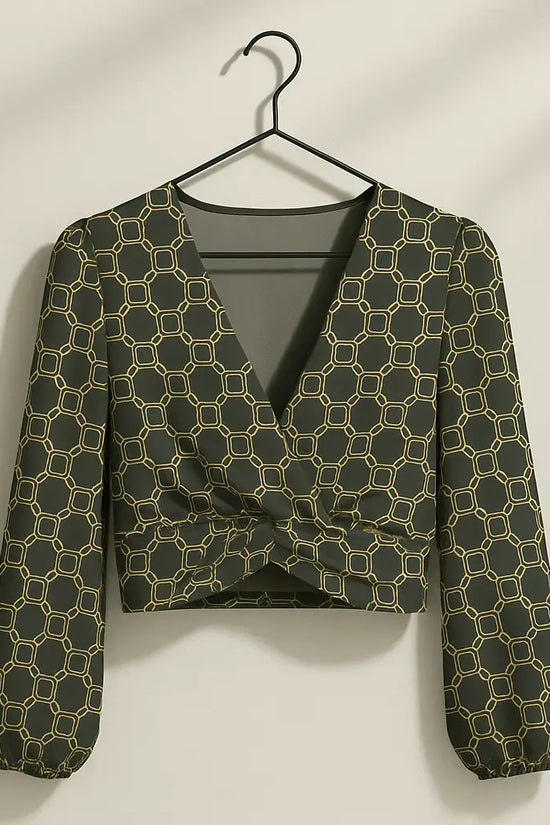 Deep V-Neck Lantern Sleeve Crop Top - IVORYNN