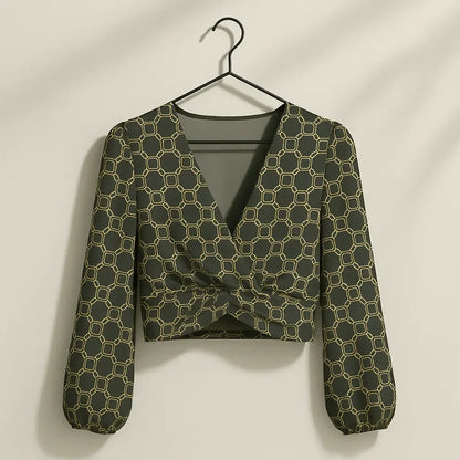 Deep V-Neck Lantern Sleeve Crop Top - IVORYNN