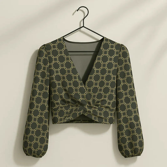 Deep V-Neck Lantern Sleeve Crop Top