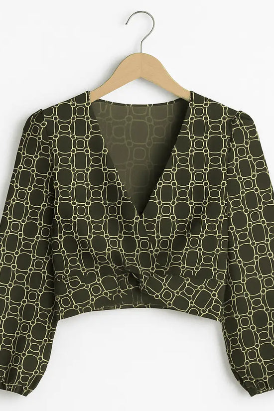 Deep V-Neck Lantern Sleeve Crop Top - IVORYNN