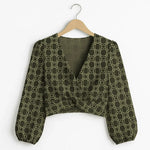Deep V-Neck Lantern Sleeve Crop Top - IVORYNN