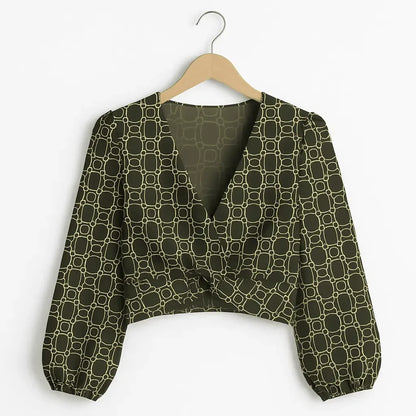 Deep V-Neck Lantern Sleeve Crop Top - IVORYNN