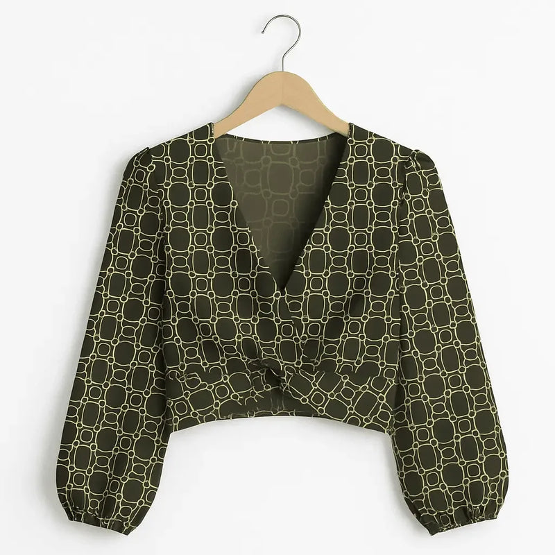 Deep V-Neck Lantern Sleeve Crop Top - IVORYNN