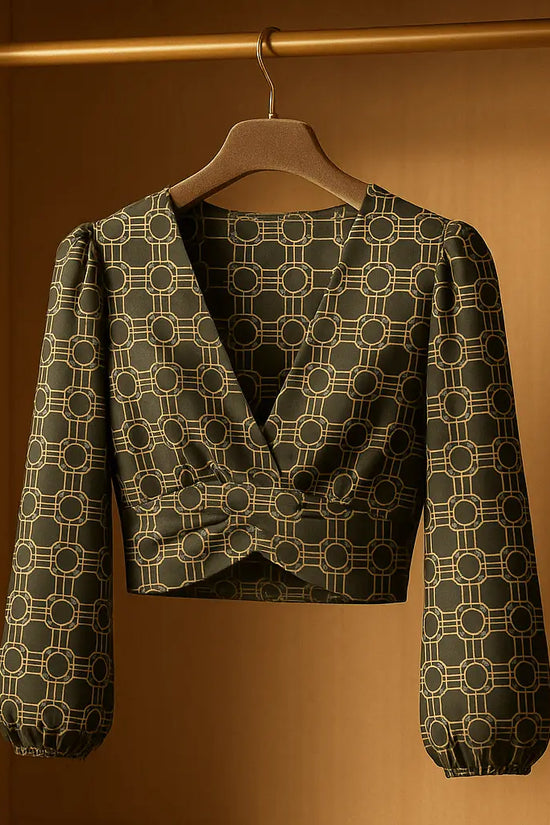 Deep V-Neck Lantern Sleeve Crop Top - IVORYNN