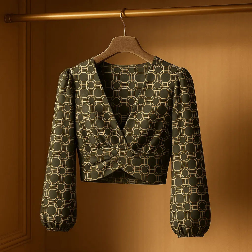 Deep V-Neck Lantern Sleeve Crop Top - IVORYNN