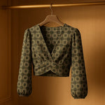 Deep V-Neck Lantern Sleeve Crop Top - IVORYNN