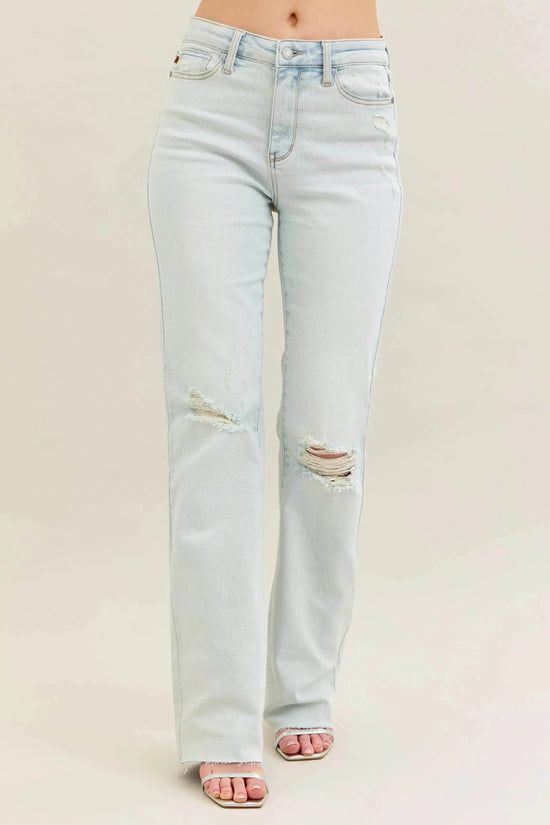 Destroy & Fray Hem Bootcut Blue Jeans - IVORYNN