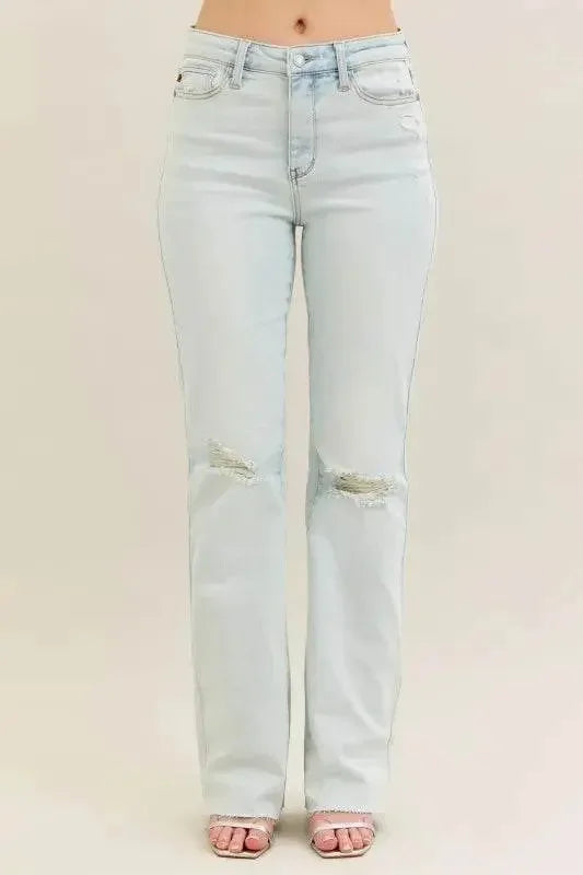 Destroy & Fray Hem Bootcut Blue Jeans - IVORYNN