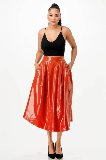 Distinctive shiny Midi Red Skirt With Pockets - IVORYNN
