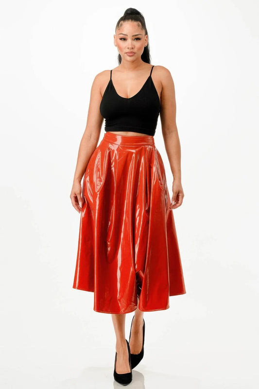 Distinctive shiny Midi Red Skirt With Pockets