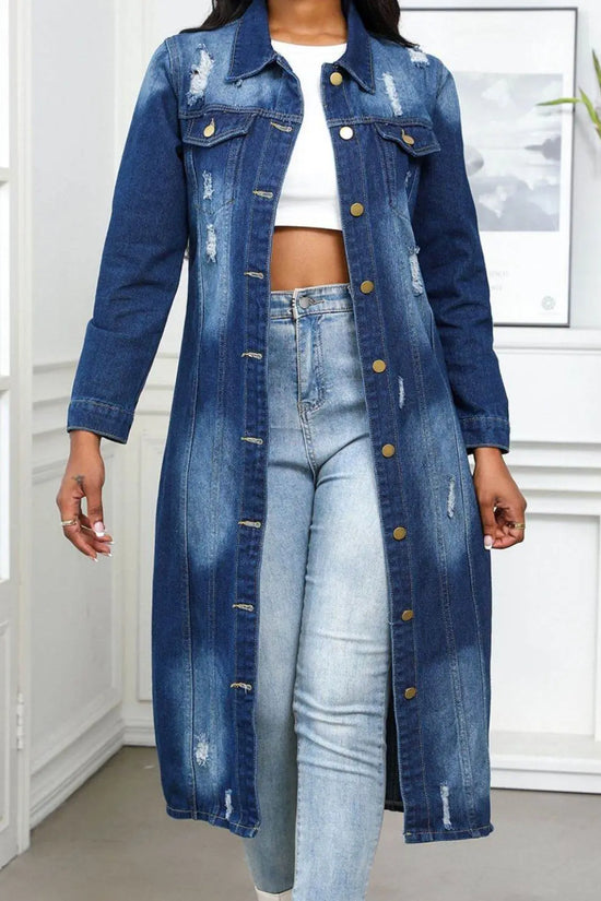 Distressed Button Up Collared Neck Denim Long Shirt - IVORYNN
