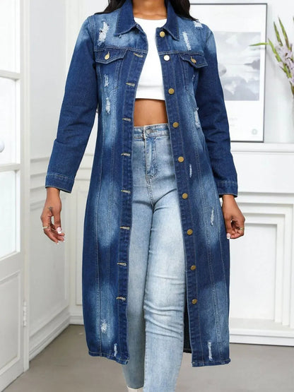 Distressed Button Up Collared Neck Denim Long Shirt - IVORYNN