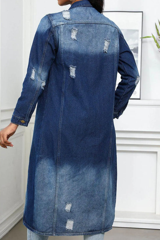 Distressed Button Up Collared Neck Denim Long Shirt - IVORYNN