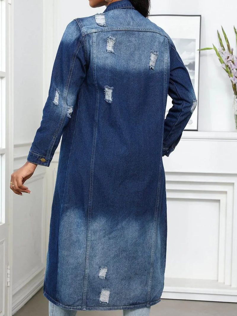 Distressed Button Up Collared Neck Denim Long Shirt - IVORYNN