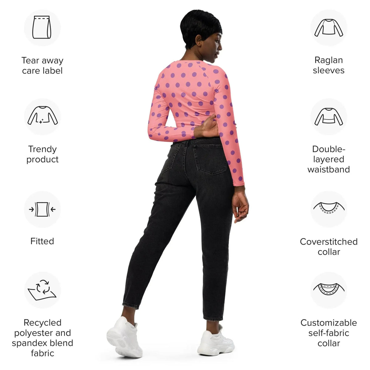 Woman wearing apricot long sleeve polka dot crop top and black jeans, IVORYNN fashion.