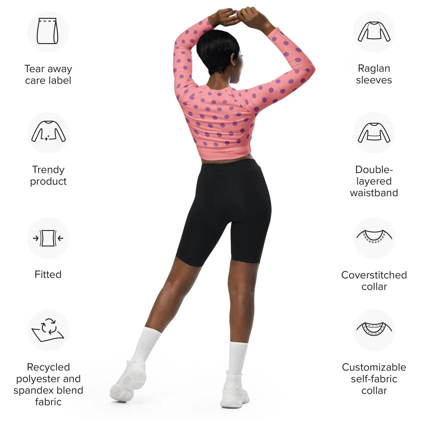 Woman wearing apricot polka dot long sleeve crop top and black cycling shorts, IVORYNN fashion