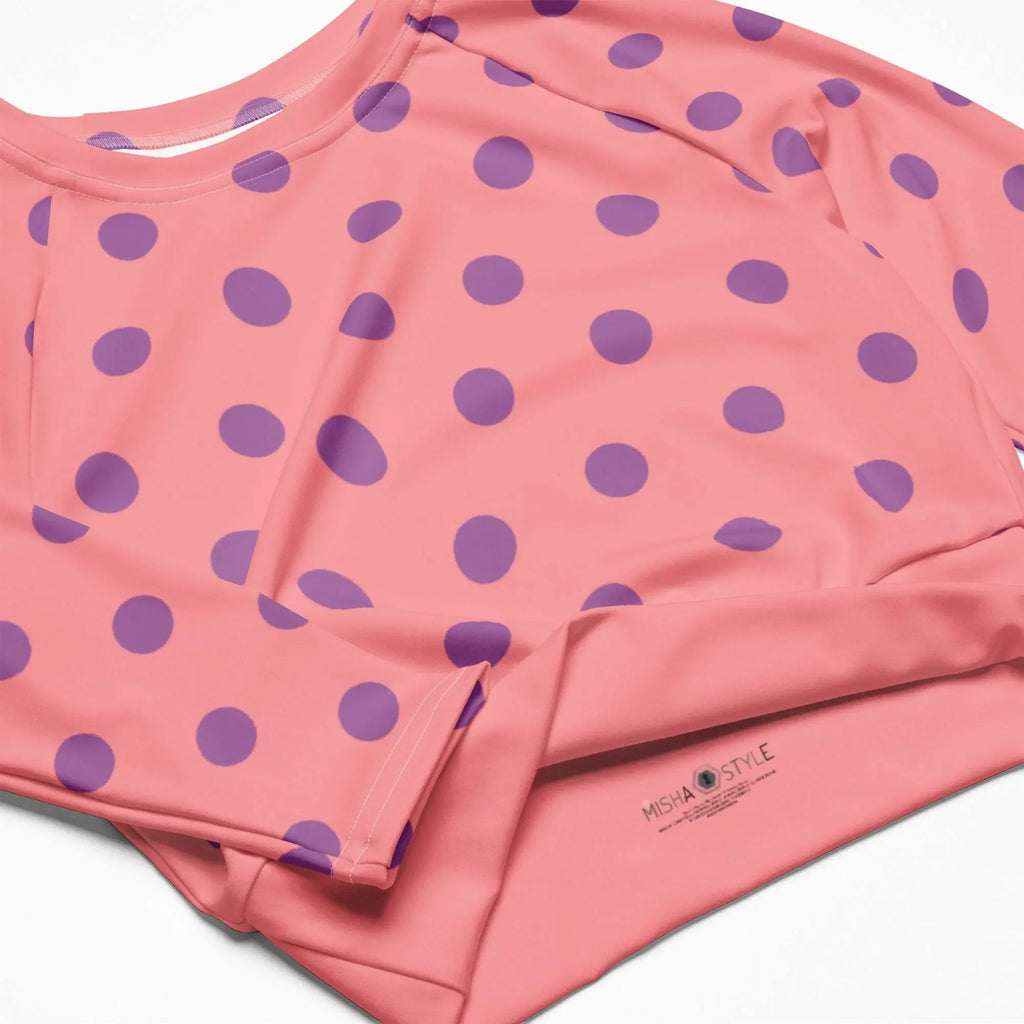 Apricot crop top with purple polka dots, long sleeve, modern women's fashion at Ivorynn