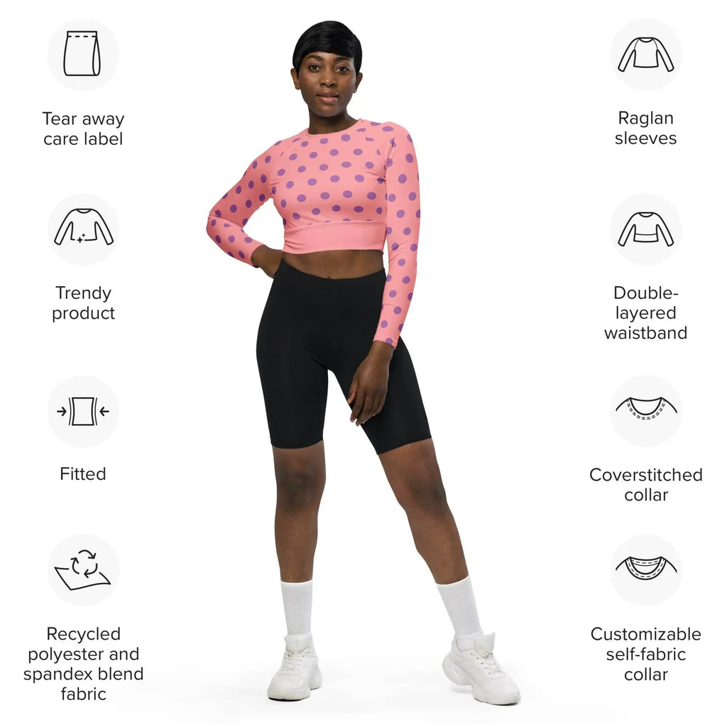 Woman modeling pink polka dot long sleeve crop top and black shorts, Ivorynn fashion apparel