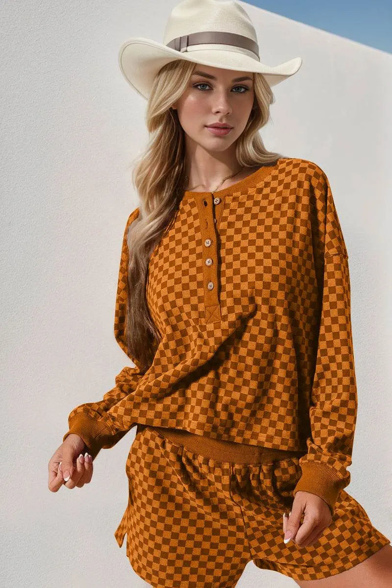 Double Take Checkered Half Button Top and Shorts Set - IVORYNN