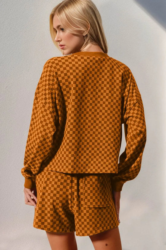 Double Take Checkered Half Button Top and Shorts Set - IVORYNN