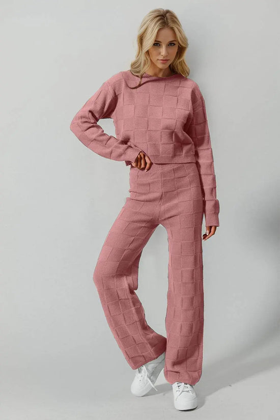 Double Take Checkered Round Neck Top and Pants Set - IVORYNN