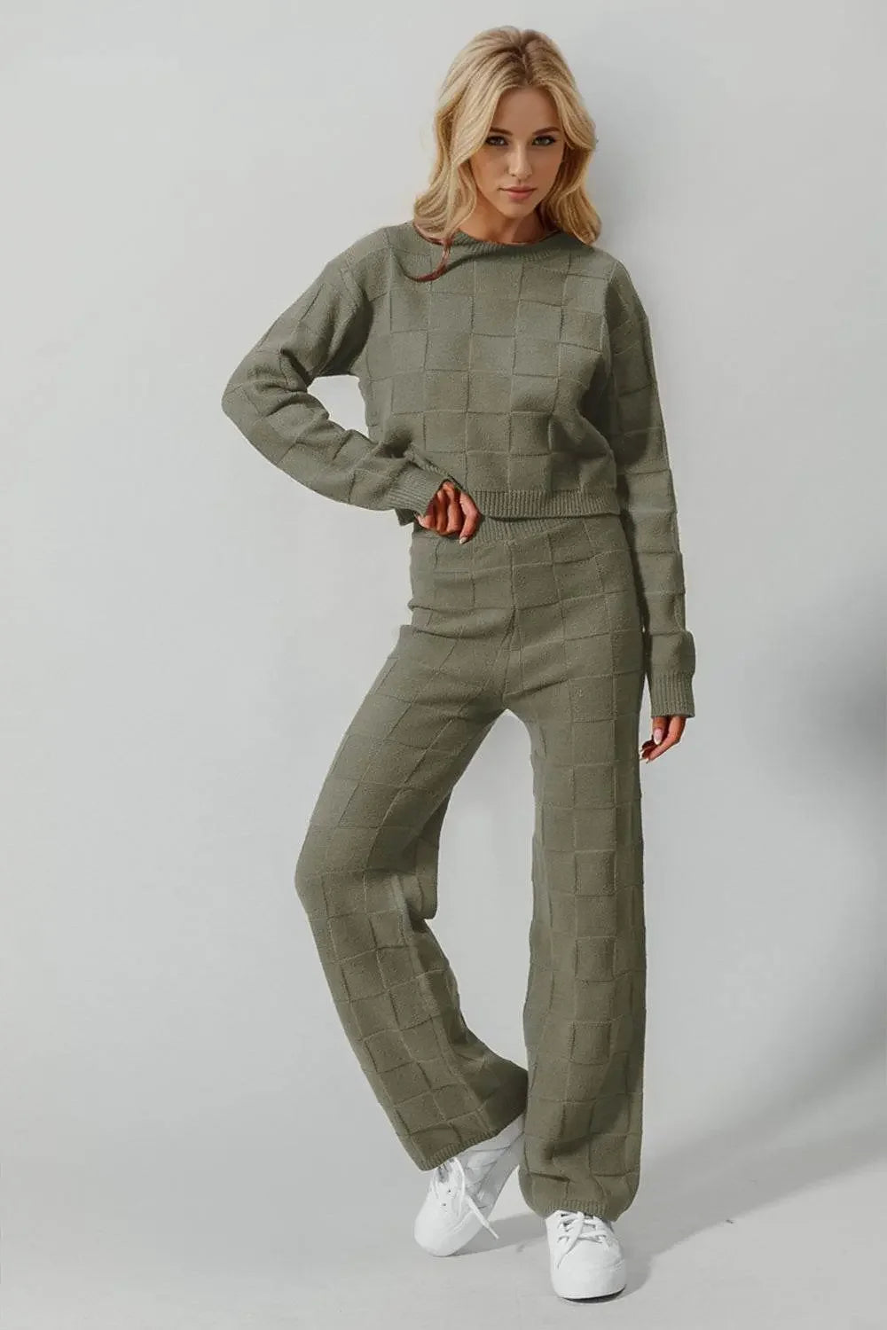 Double Take Checkered Round Neck Top and Pants Set - IVORYNN