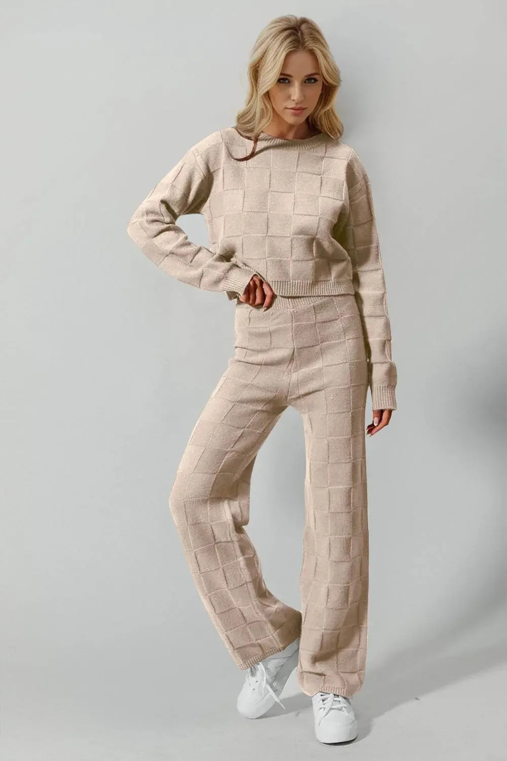 Double Take Checkered Round Neck Top and Pants Set - IVORYNN