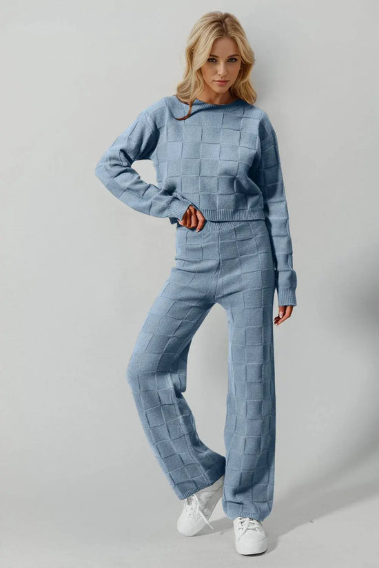 Double Take Checkered Round Neck Top and Pants Set - IVORYNN