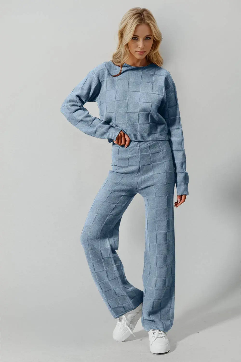 Double Take Checkered Round Neck Top and Pants Set - IVORYNN